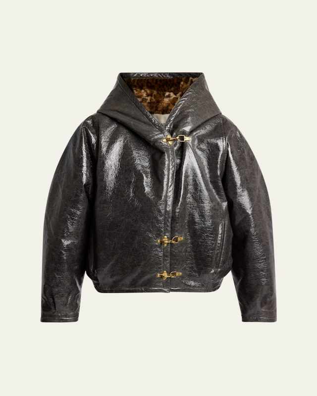 Lanniya Vinyl Coat with Leopard Faux Fur Lining