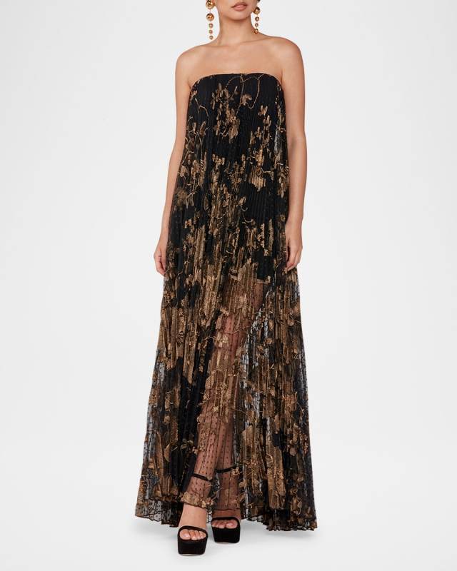 Delphine Strapless Pleated Lace Gown