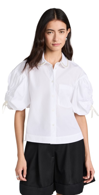 Simone Rocha Beaded Cropped Puff Sleeve Shirt W/ Ruched Bow White/Pearl