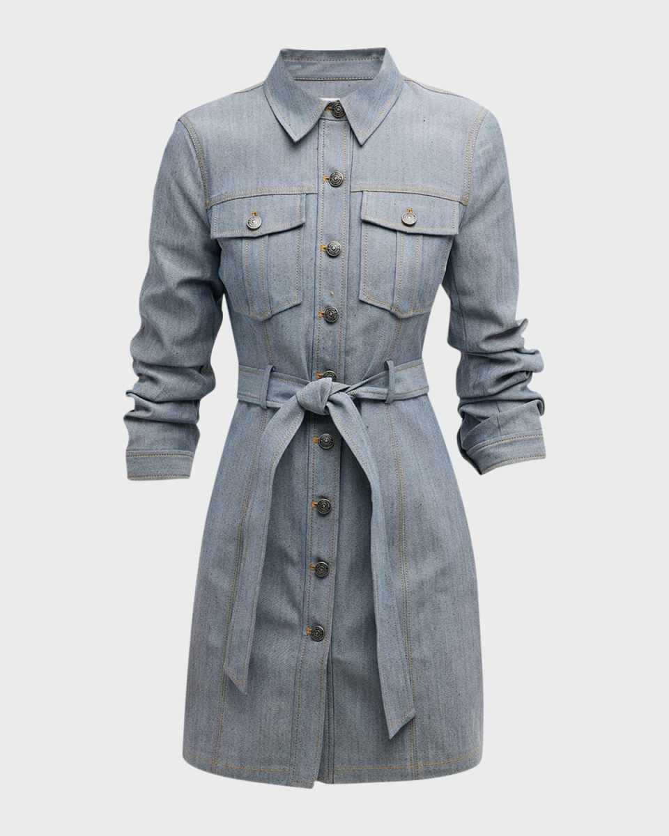 Clea Belted Scrunched-Sleeve Denim Mini Dress