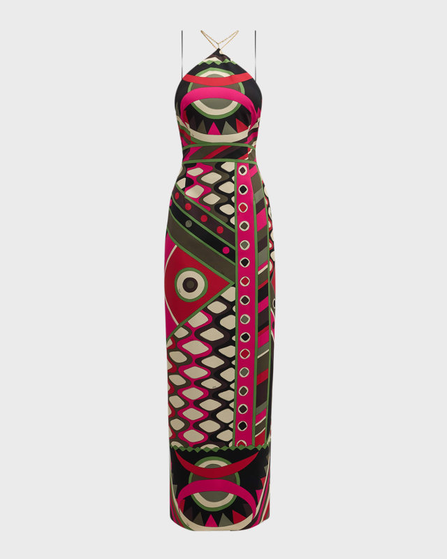Foulard-Print Silk Backless Halter Maxi Dress