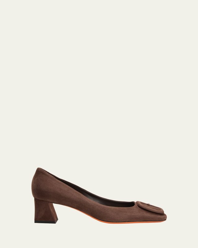 Suede Buckle Block-Heel Pumps