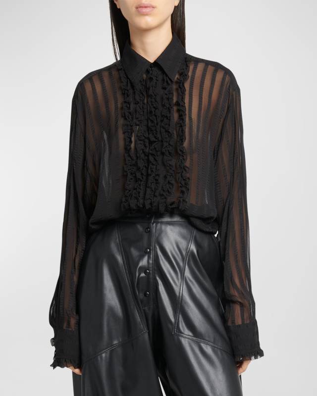 Sheer Ruffled Silk Tuxedo Shirt