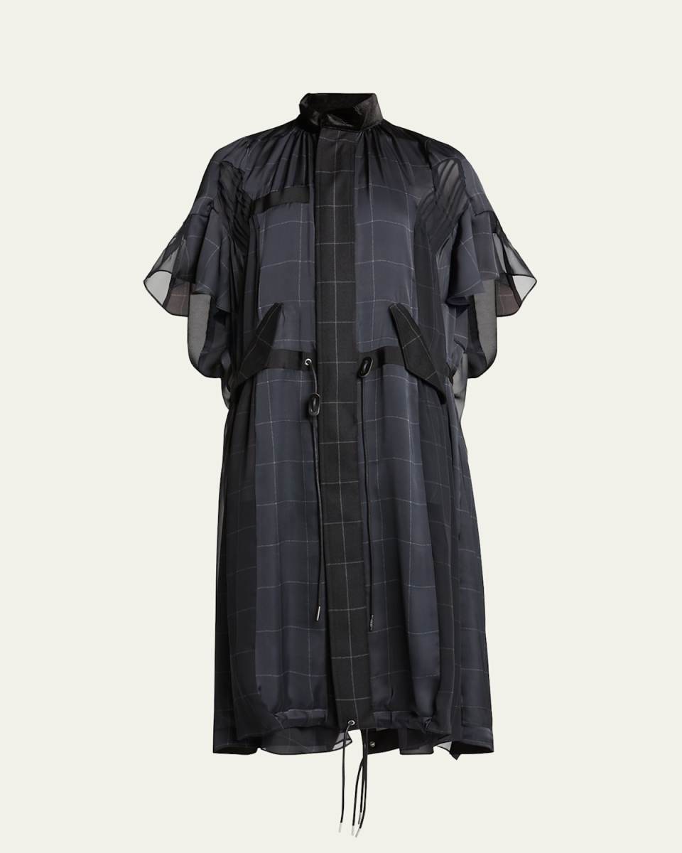 High Neck Sheer Windowpane Print Pleated Dress