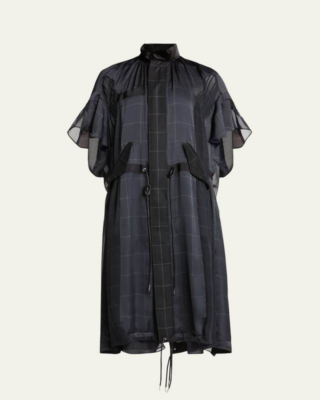 High Neck Sheer Windowpane Print Pleated Dress