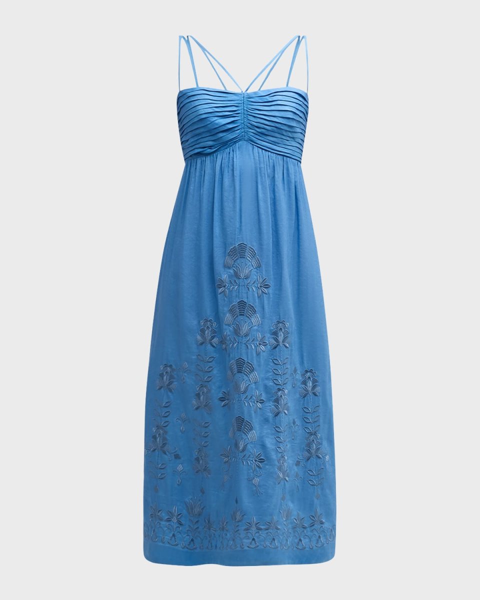 Ariella Pleated Floral-Embroidered Midi Dress