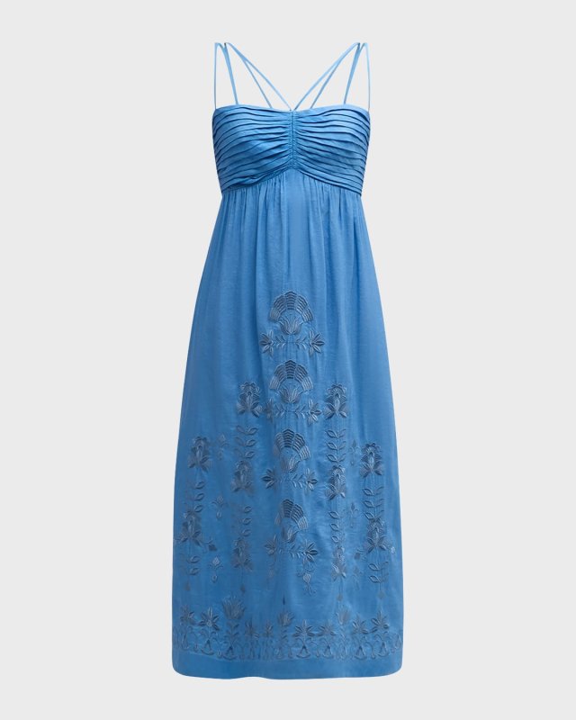 Ariella Pleated Floral-Embroidered Midi Dress