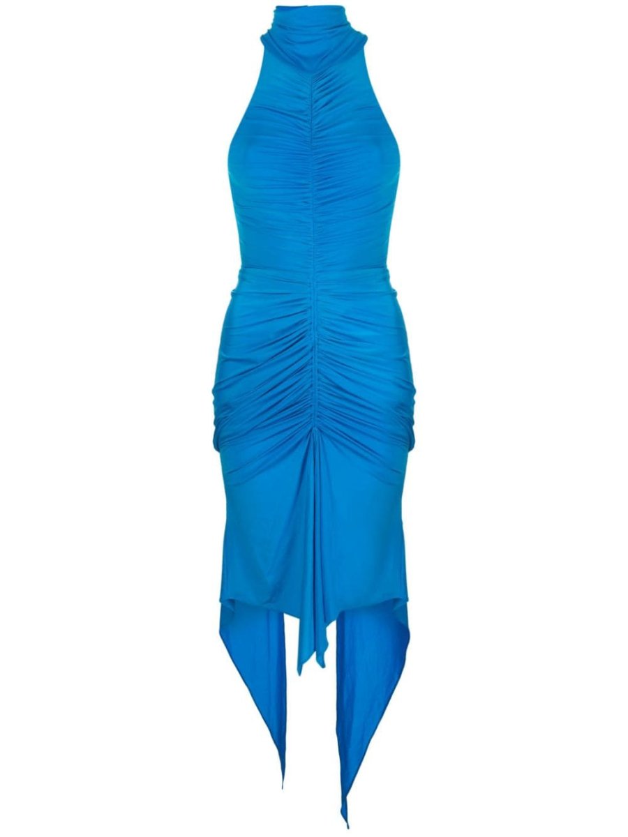 asymmetric ruched halterneck dress