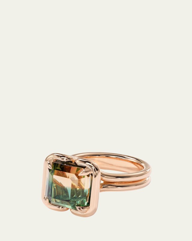 20K Rose Gold Buttress Emerald-Cut Bicolor Tourmaline Solitaire Ring, Size