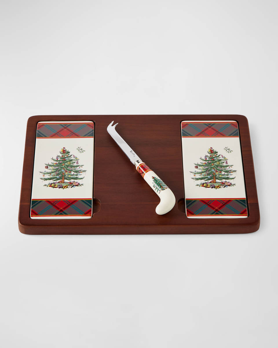 Christmas Tree Tartan Cheese Board & Knife Set