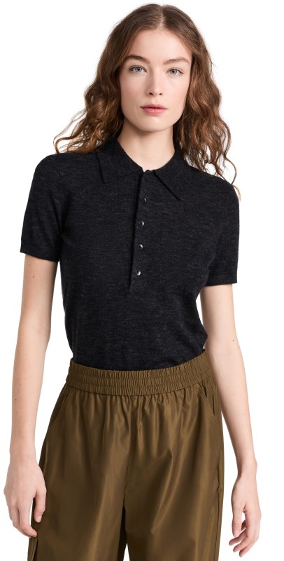 Tibi Skinlike Mercerized Wool Shrunken Polo Charcoal