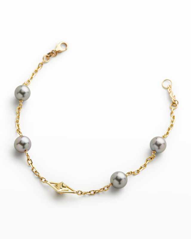 18K Yellow Gold 8mm Gray Tahitian 4-Pearl and Cube Bracelet, 7"L