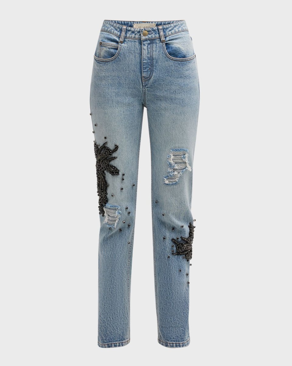 Clay Mid-Rise Crystal-Embellished Distressed Slim-Leg Jeans