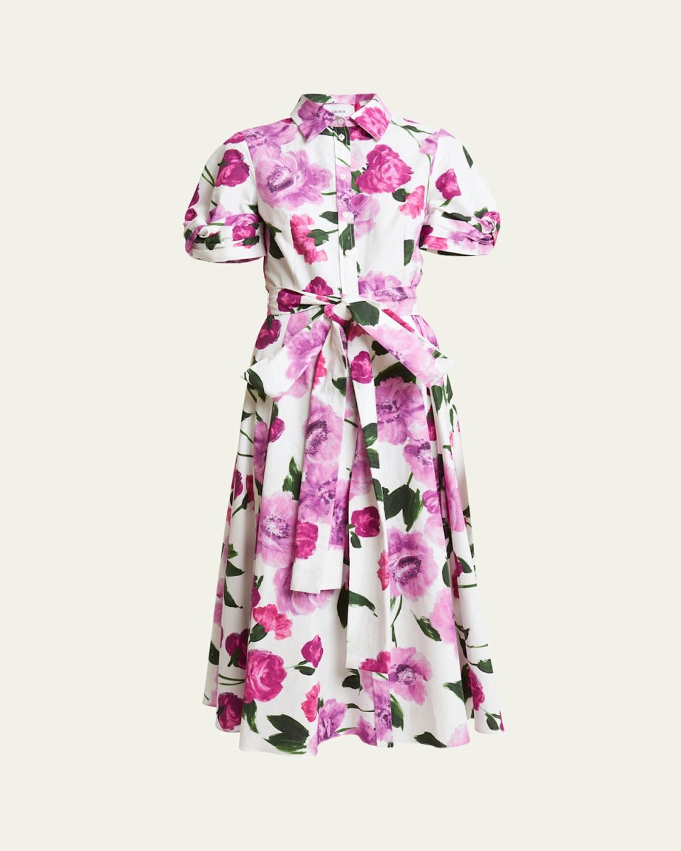 Belted Floral Cotton Short-Sleeve Midi Shirtdress
