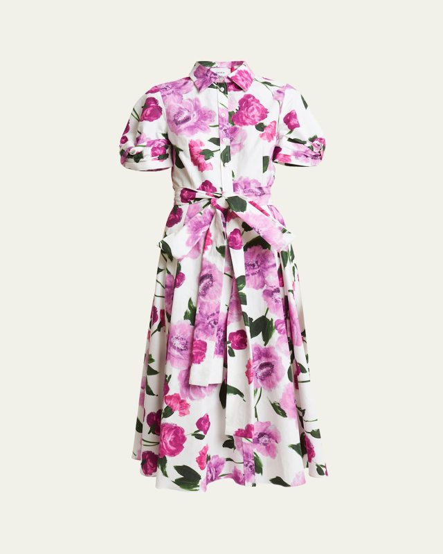 Belted Floral Cotton Short-Sleeve Midi Shirtdress