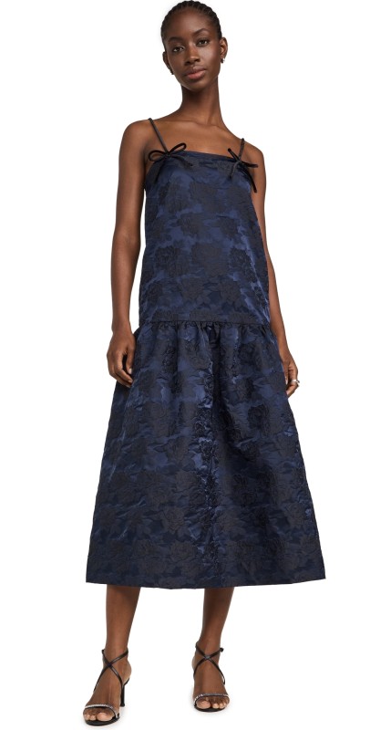 GANNI Botanical Jacquard Strap Midi Dress Peacoat