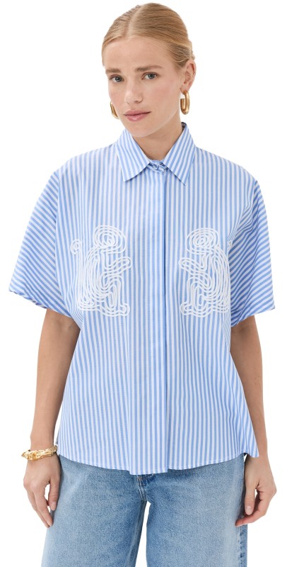 Stella Jean Short Sleeved Striped Shirt with Embroidery Cornely White