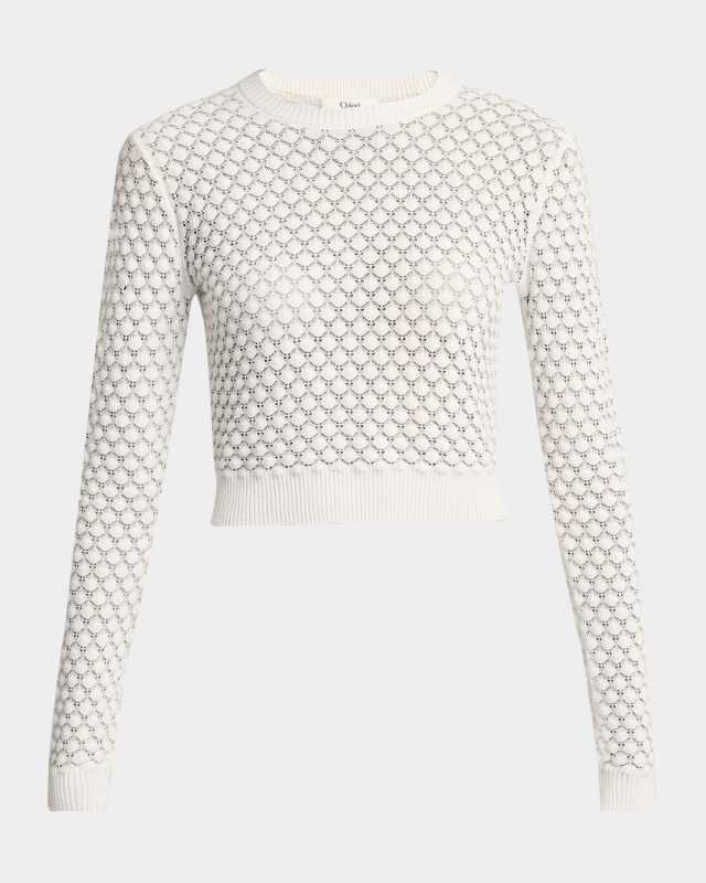 Cropped Pointelle-Knit Crewneck Sweat