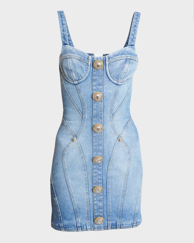 Seamed Denim Mini Dress with Button Detail