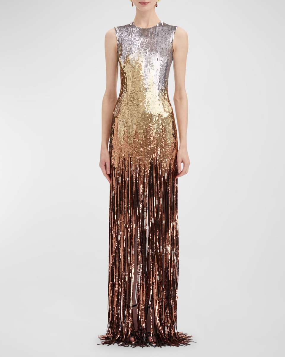 Sleeveless Ombre Sequin Fringe Embroidered Gown