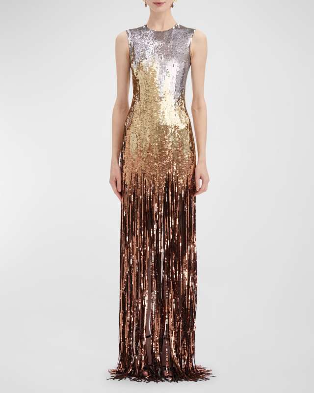 Sleeveless Ombre Sequin Fringe Embroidered Gown