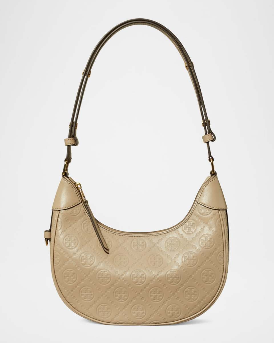 T Monogram Leather Crescent Shoulder Bag