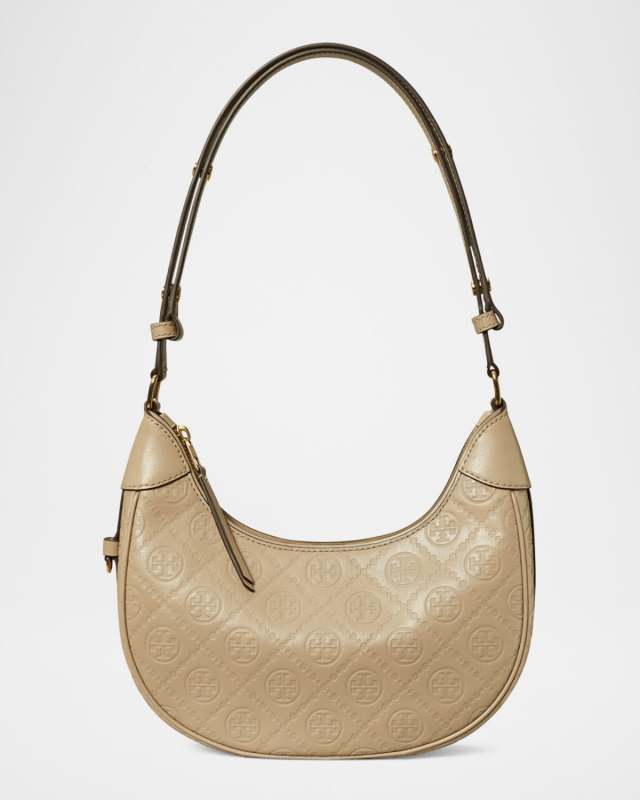 T Monogram Leather Crescent Shoulder Bag
