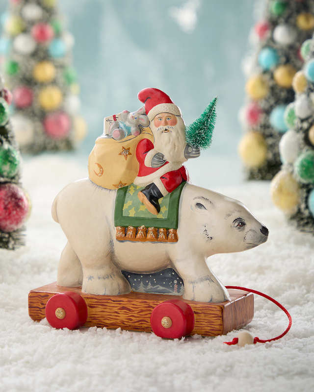 Santa on Polar Bear Christmas Pull Toy Figurine