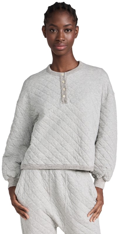 THE GREAT. The Quilted Henley Sleep Sweatshirt Heather Grey