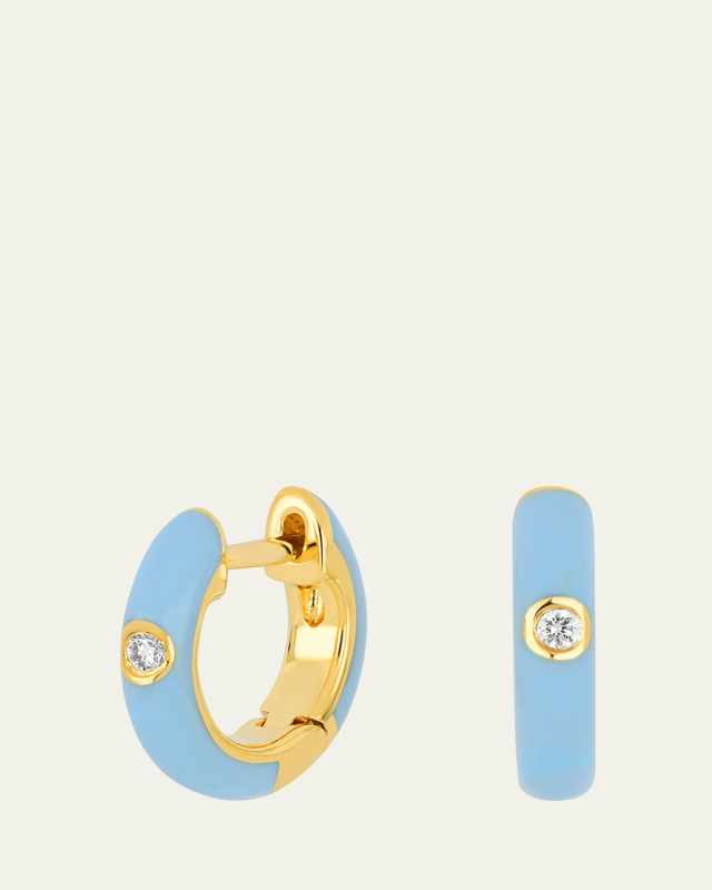 Single Diamond Baby Blue Enamel Huggie Earrings