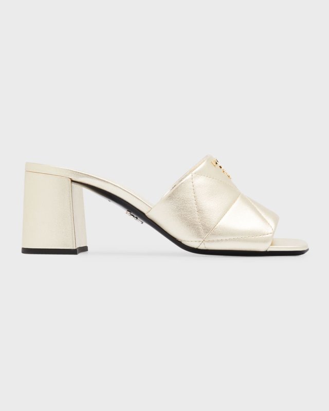 Quilted Leather Block-Heel Slide Sandals