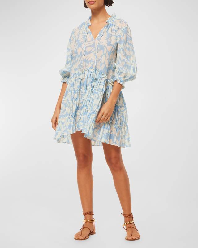 Nita Puff-Sleeve Ruffled Floral Cotton Mini Dress