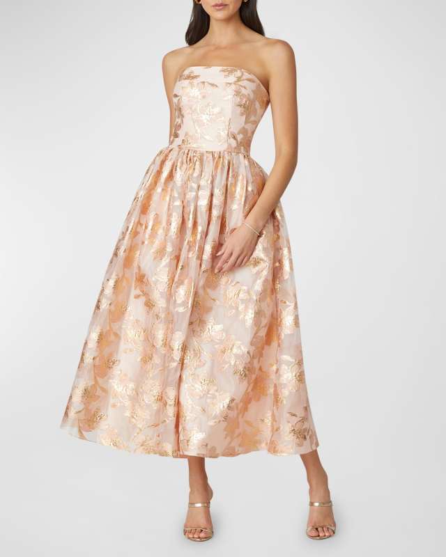 Strapless Floral Jacquard Midi Dress