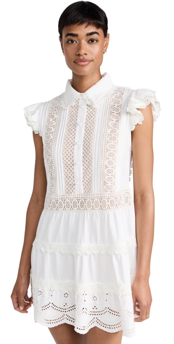 alice + olivia Meeko Embroidered Ruffle Sleeve Shirt Dress Off White