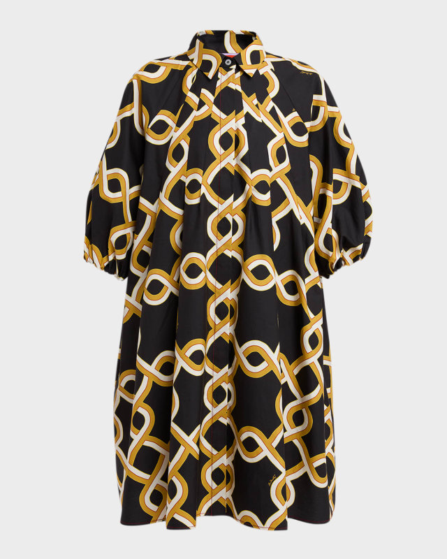 Sunburst Puff-Sleeve Mini Shirtdress
