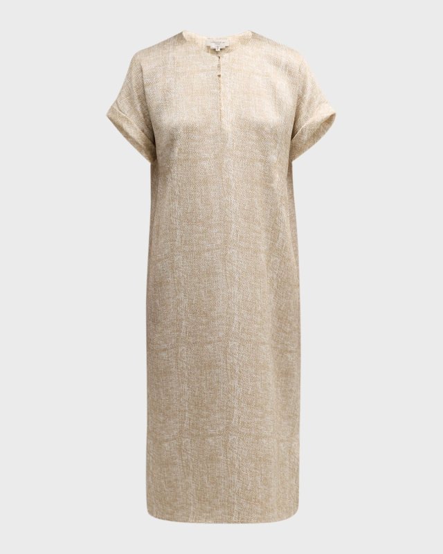 Crinkled Burlap-Print Silk Midi Shift Dress