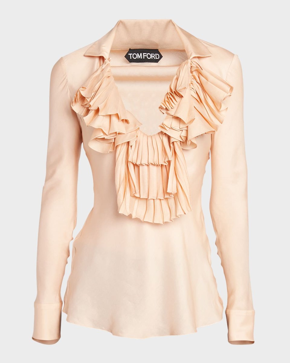 Ruffle V-Neck Viscose-Silk Twill Blouse