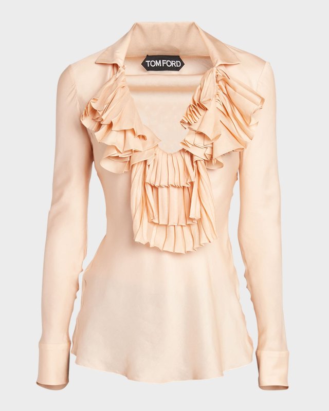 Ruffle V-Neck Viscose-Silk Twill Blouse
