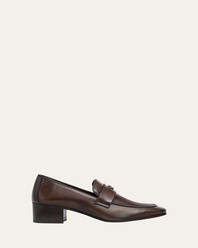 Brushed Leather Medallion Heeled Loafers
