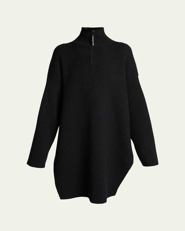 Ribbed Half-Zip Wool Poncho
