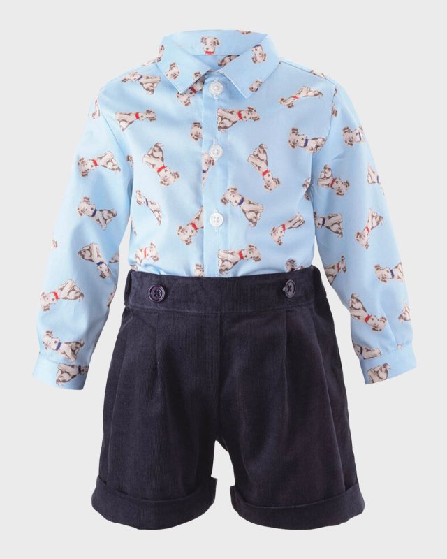 Boy's Puppy-Print Shirt And Shorts Set, Size 6M-24