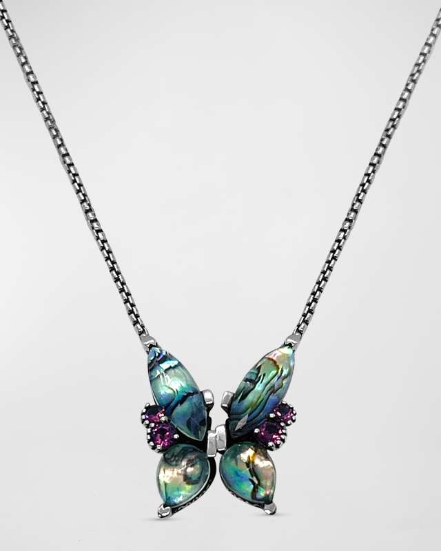 Quartz Abalone and Garnet Butterfly Pendant Necklace