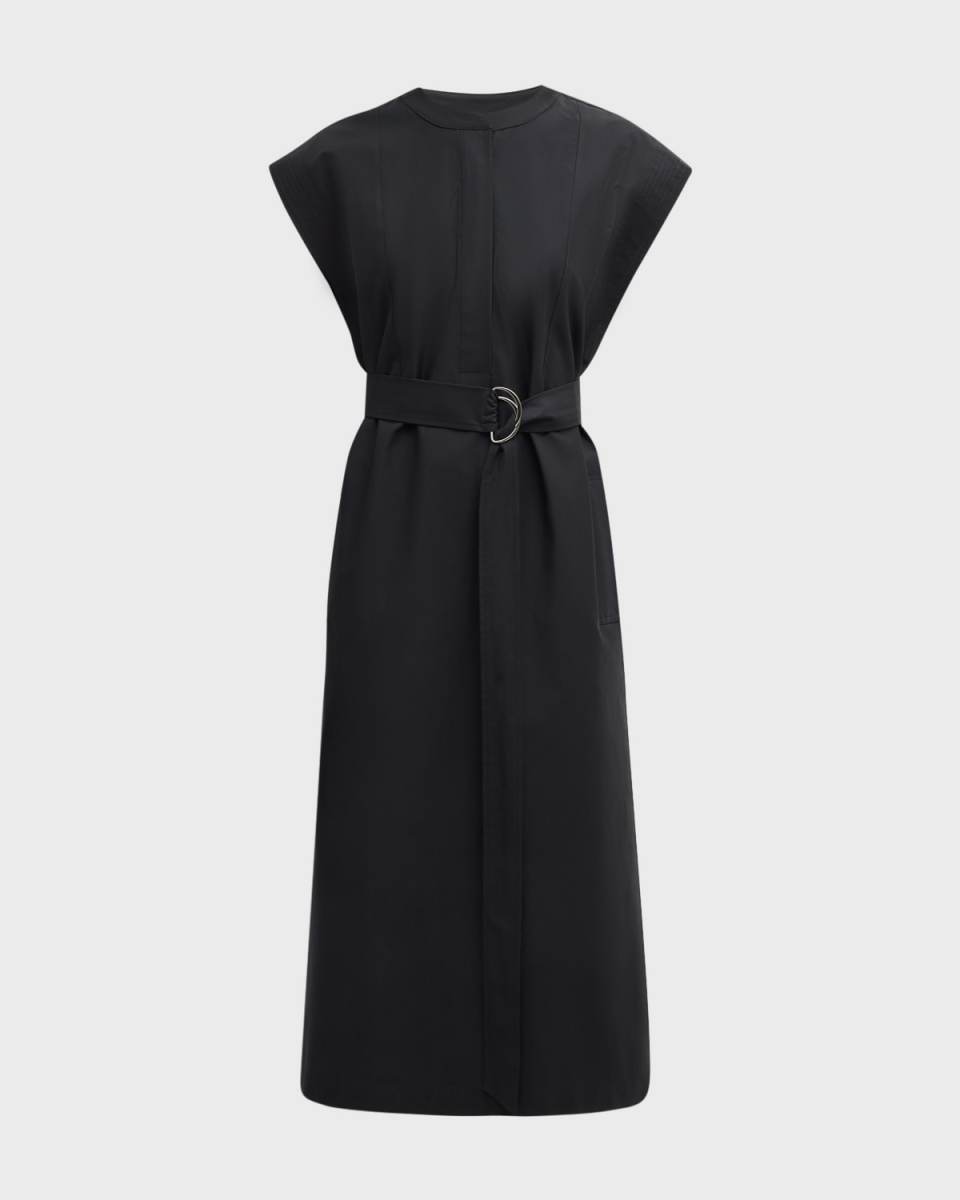 Belted Cap-Sleeve Cotton Twill Midi Dress