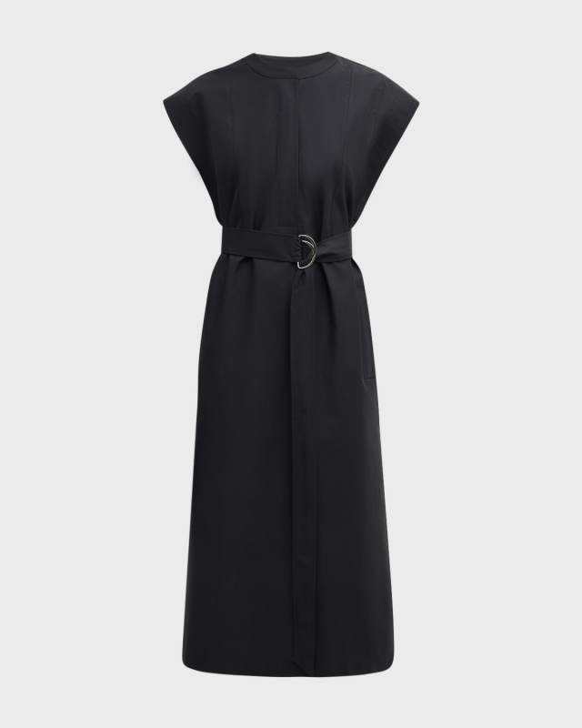 Belted Cap-Sleeve Cotton Twill Midi Dress