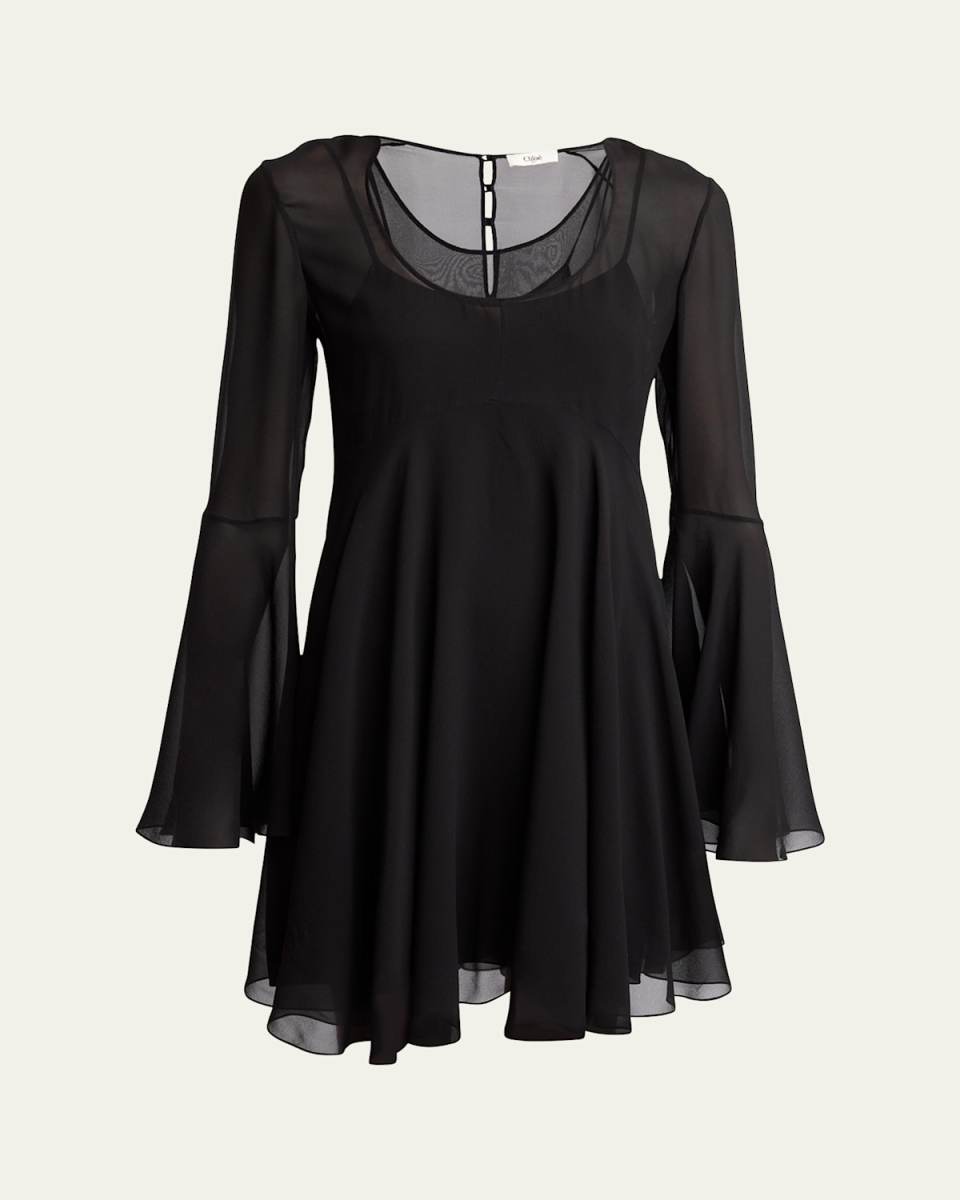 Bell Sleeve Silk Georgette Mini Dress