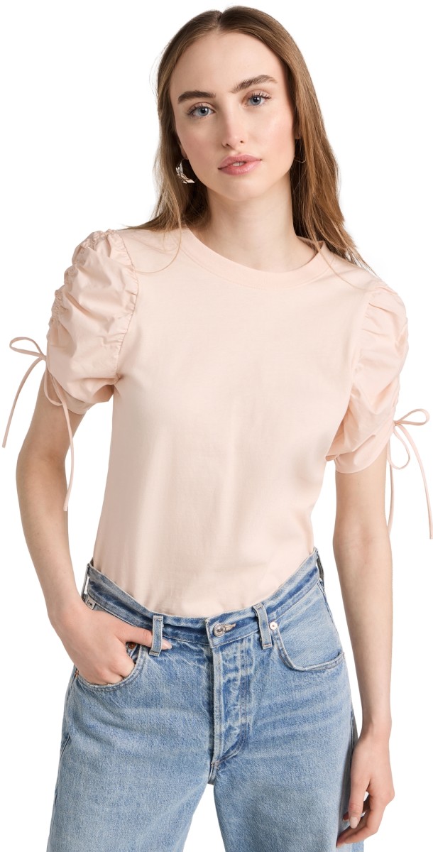 FRAME Ruched Tie Sleeve Tee Washed Nude Pink