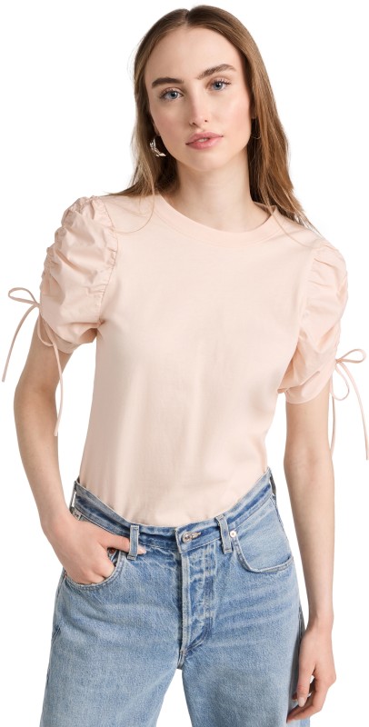 FRAME Ruched Tie Sleeve Tee Washed Nude Pink