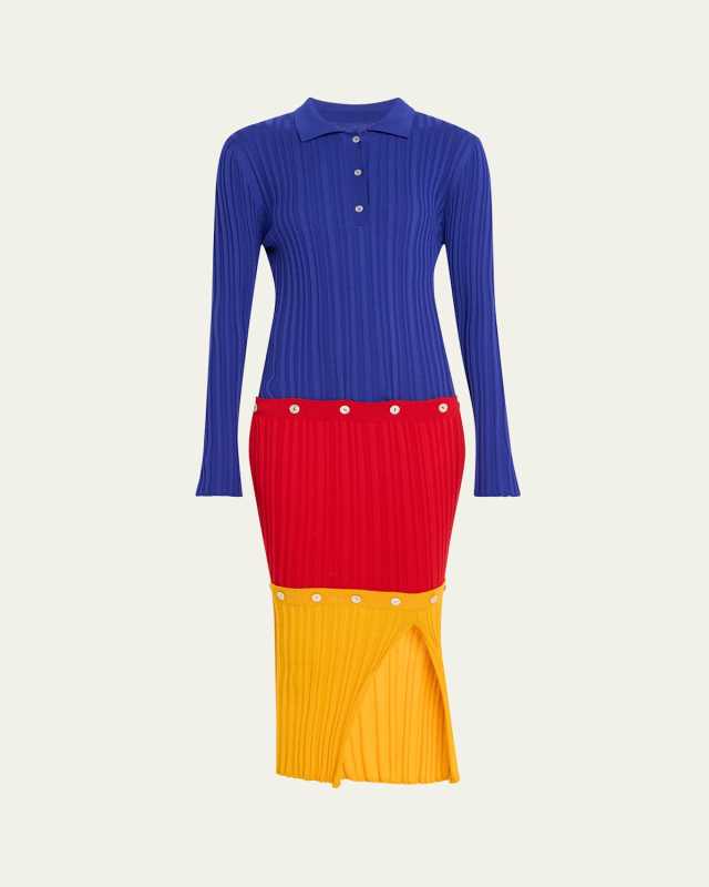 Colorblock Buttoned Panel Polo Wool Midi Dress