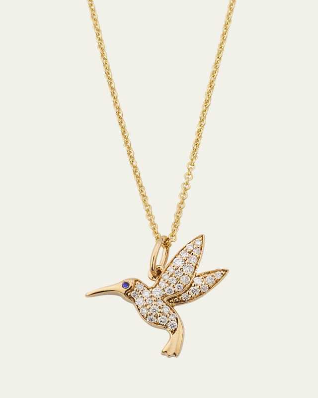 14K Yellow Gold Hummingbird Sapphire and Diamond Charm Necklace