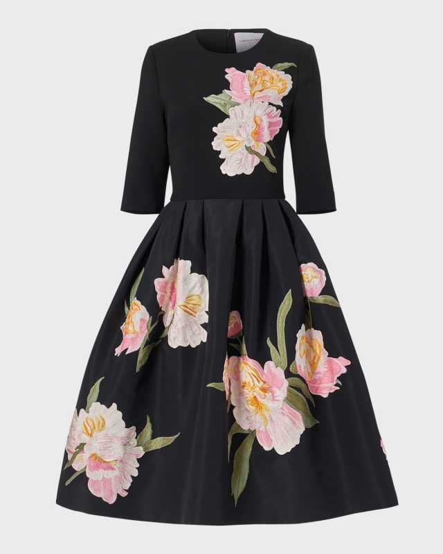 Floral-Embroidered Elbow-Sleeve Pleated Dress